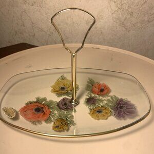 Vintage CHANCE Glass ENGLAND Anemone Poppies Oval Relish Dish w/ Handle